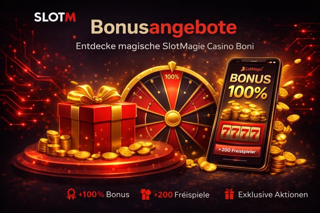 Bonusangebote bei SlotMagie Casino mit 100 % Bonus, Freispiele-Aktionen und exklusiven Promotionen in moderner Darstellung.
