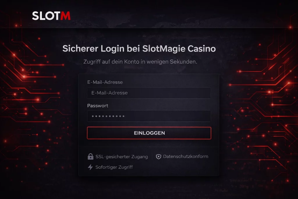 Sicherer Login bei SlotMagie Casino mit geschütztem Benutzerzugang, moderner Anmeldeoberfläche und SSL-verschlüsselter Verbindung.
