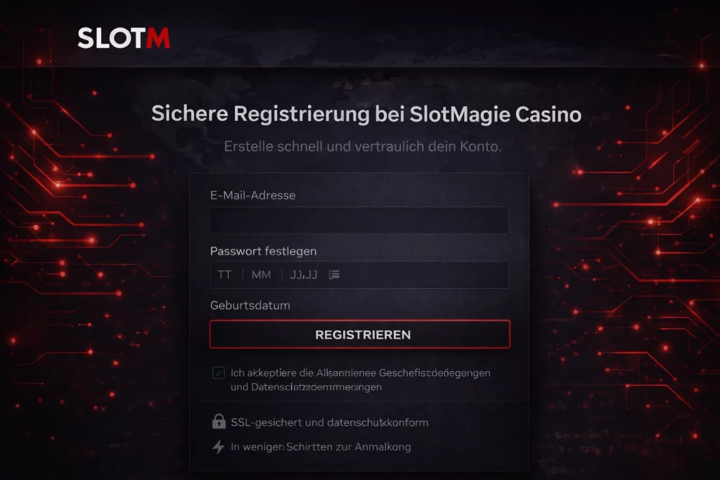 Sichere Registrierung bei SlotMagie Casino mit moderner Anmeldeoberfläche, geschützter Kontoerstellung und datenschutzkonformer Verarbeitung.
